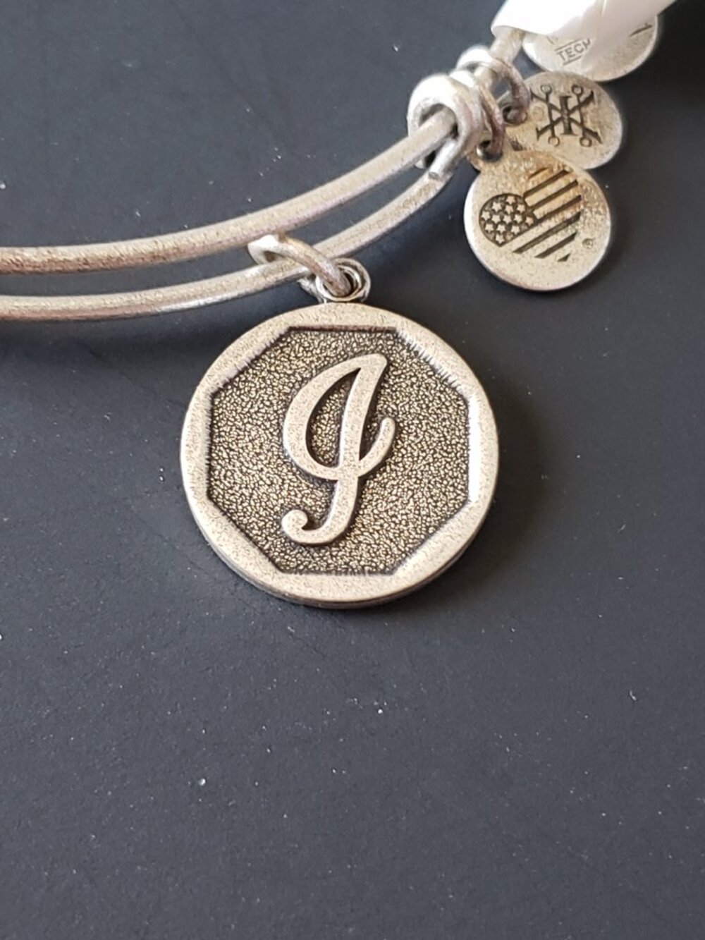 Alex and Ani G Or I ? Initial Letter Silver Charm Bracelet adjustable Bangle 660